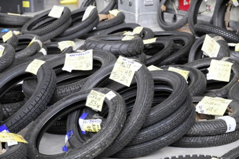 RETRO CLASSICS 2010, Stuttgart Messe, pile of black motorbike tyres of different sizes with price