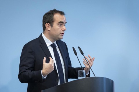 Sebastien Lecornu, French Minister of Defence, recorded during a press statement in Berlin, 22.03