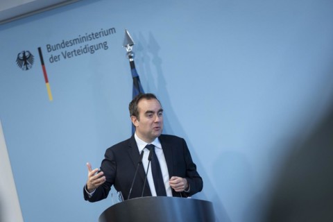 Sebastien Lecornu, French Minister of Defence, recorded during a press statement in Berlin, 22.03