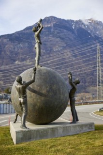 Public art object Le Visionnaire, The Visionary by Michel Favre at the roundabout in Martigny,