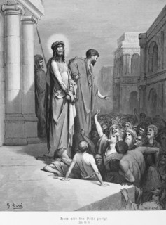 Jesus is shown to the people, Gospel of John, chapter 19, crowd, Pilate, crown of thorns, cloak,
