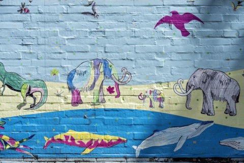Animals of prehistoric times in water, land and air, whales, mammoths, pterosaurs, colourful