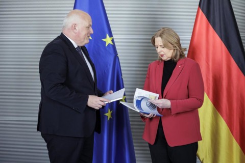 (R-L) Bundestag President Baerbel Bas, SPD, MdB, receives the 32nd activity report of the Federal