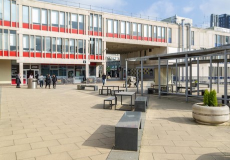 Students in one of the campus squares, University of Essex, Colchester, Essex, England, UK