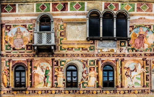 Palazzo Dipinto, facade with painted frescoes, historic city centre, Spilimbergo, Friuli, Italy,