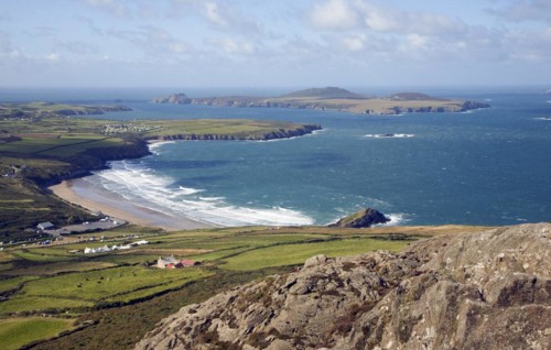 Whitesands Bay and Ramsey Island from Carn Llidi, St David's Head, Pembrokeshire, Wales, United