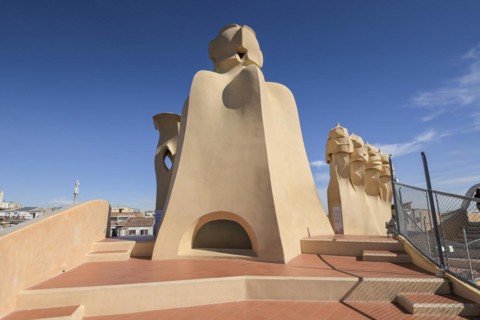 Roof with chimneys, La Pedrera, Casa Mila by Antoni Gaudi, Barcelona, Catalonia, Spain, Europe