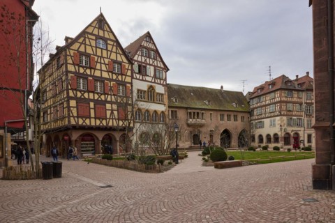 Half-timbered houses Place de la Cathedrale in the old town centre of Colmar, Department Haut-Rhin,