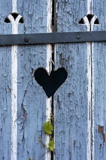 Wooden door with heart, stable door, light-coloured varnish, weathered, leaves of knotweed