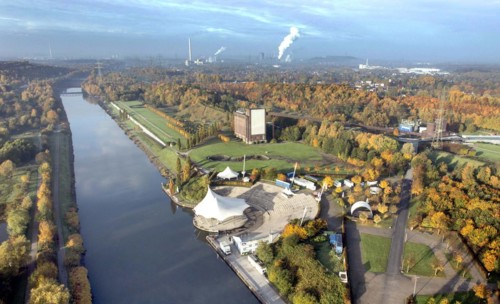 Aerial view of the Norsternpark in Gelsenkirchen. The Norsternpark with open-air theatre, the