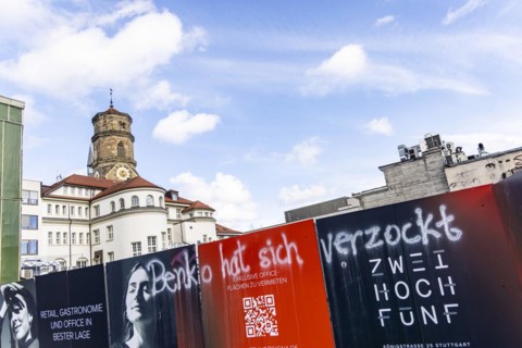 Benko has gambled away. Graffiti on a construction fence in Stuttgart city centre. Signa Real