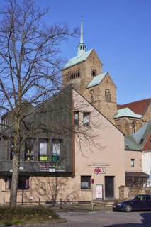 Commercial building and tower of Minden Cathedral, Muehlenkreis Minden-Luebbecke, North