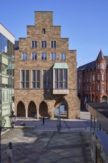 Old town hall and commercial building in the city centre of Minden, Muehlenkreis Minden-Luebbecke,