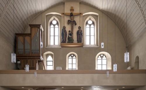 West wall with gallery and with the crucifixion group from around 1510 by the carver Veit