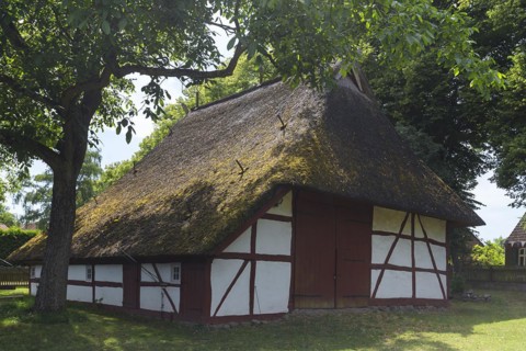 Historic thatched barn from the 18th century, open-air museum for folklore Schwerin-Muess,