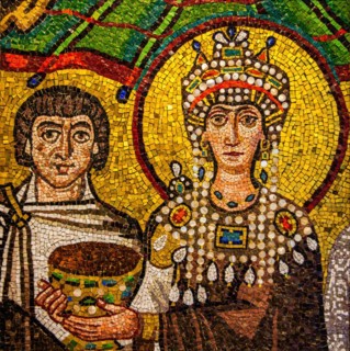 Parade of Teodora, mosaic copy, Basilica of San Vitale, Ravenna, 6th century, mosaic school