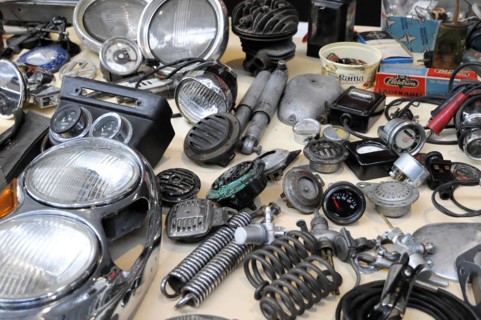RETRO CLASSICS 2010, Stuttgart Trade Fair, Collection of car headlights and various spare parts,