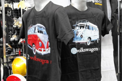 RETRO CLASSICS 2010, Stuttgart Trade Fair, Two black T-shirts with print of a red Volkswagen Bulli,