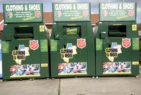 Clothing and shoes recycling collection containers, Martlesham, Ipswich, Suffolk, England, UK