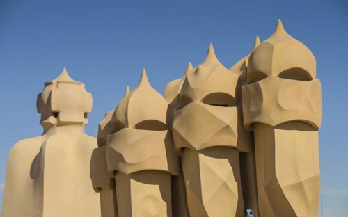 Roof with chimneys, La Pedrera, Casa Mila by Antoni Gaudi, Barcelona, Catalonia, Spain, Europe