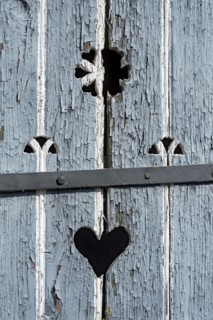Wooden door with heart, stable door, light-coloured lacquer, weathered, old farmhouse, idyllic,