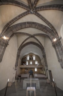 Interior with view to the west side with gallery and crucifixion group, St Clare's Church,