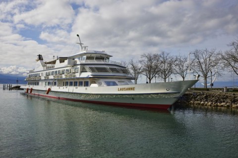 Passenger ship Lausanne moored in Lake Geneva on the quay wall of Ouchy harbour, Lausanne, Lausanne