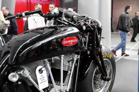 RETRO CLASSICS 2010, Stuttgart Trade Fair, Detailed view of a GUNBUS motorbike with chrome parts at