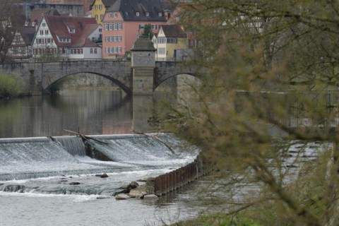 Kocherpartie in Schwaebisch Hall, Henkersbruecke, fish ladder, weir, Kocher valley, river,