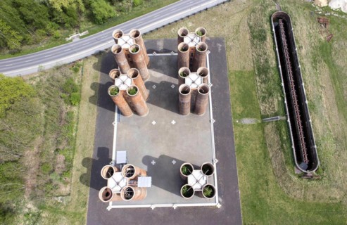 An aerial photo shows 24 brick towers rising 22 metres into the sky above Lauchhammer. They are the