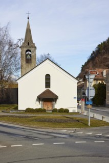 Bell tower with church Clocher de la chapelle St. Michel in Martigny, district of Martigny, canton