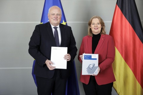 (R-L) Bundestag President Baerbel Bas, SPD, MdB, receives the 32nd activity report of the Federal