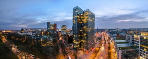 Panorama aerial view Dancing Towers at blue hour with Reeperbahn, St. Pauli, Hamburg, Germany,