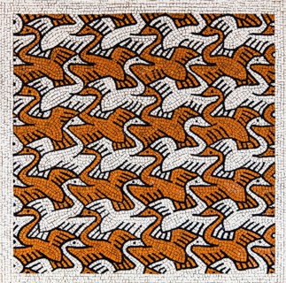 Schwaene, homage to M. C. Escher, mosaic school that produces mosaic masters, Spilimbergo, city of