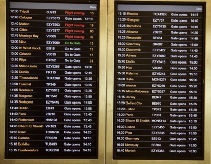 Departures electronic airport information board, Gatwick airport, UK