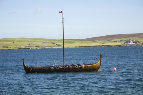 Viking longboat in Bressay Sound, Lerwick, Shetland Islands, Scotland, United Kingdom, Europe