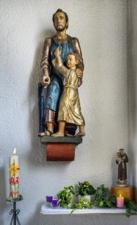 St Joseph with saw and baby Jesus, former monastery church Mater Salvatoris, Boerwang, Allgaeu,