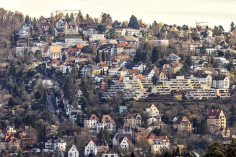 City view, view of the Haigst hillside. On the left the Alte Weintsteige with cog railway,