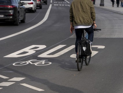 Combined bus and cycle lane, Unter den Linden Palace Bridge, Berlin-Mitte, Germany, Europe