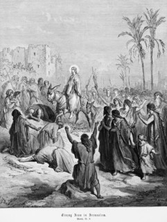 Entry of Jesus into Jerusalem, Gospel of Matthew, chapter 21, donkey, riding, crowd, city, palms,