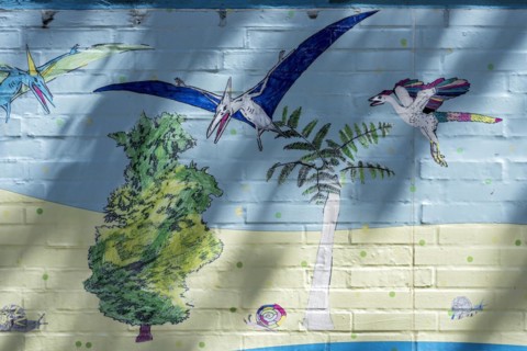 Animals of prehistoric times on land and in the air, snails, pterosaurs, colourful illustration,