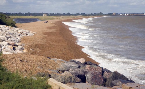 Shingle bar and lagoon looking from Bawdsey to Shingle Street, Suffolk, England, United Kingdom,