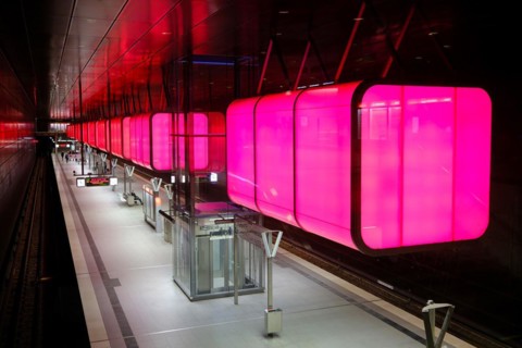Hafencity University underground station, coloured light containers, Hanseatic City of Hamburg,