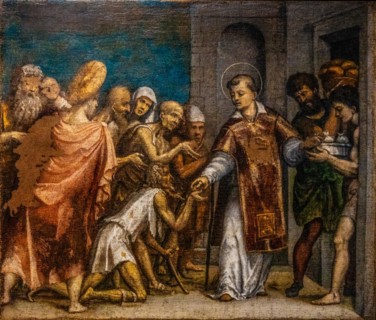 San Lorenzo distributing money to the poor, Giovanni Battitsta Grassi, 1558, Palazzo Patriarcale,