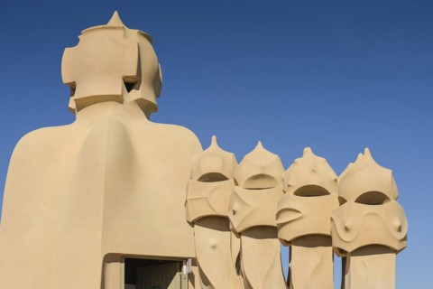 Roof with chimneys, La Pedrera, Casa Mila by Antoni Gaudi, Barcelona, Catalonia, Spain, Europe