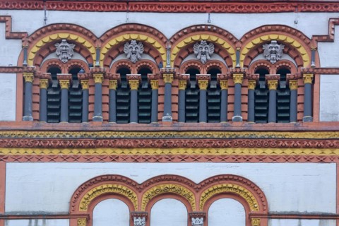 Tower with ornaments of St Matthias Church, detail, columns, windows, figures, Benedictine Abbey,