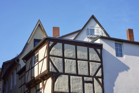 Half-timbered houses and pointed gables in the city centre of Minden, Muehlenkreis