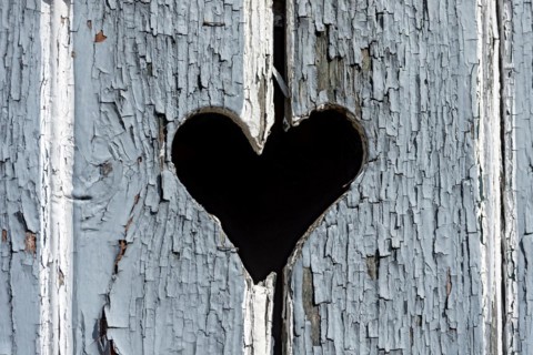 Wooden door with heart, stable door, light-coloured lacquer, weathered, old farmhouse, idyllic,