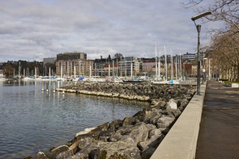 Lake Geneva waterfront promenade with view of Ouchy harbour in the Ouchy district, Lausanne,