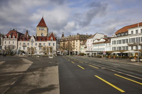Quai de Belgique and Ouchy Castle in the Ouchy district, Lausanne, district of Lausanne, Vaud,